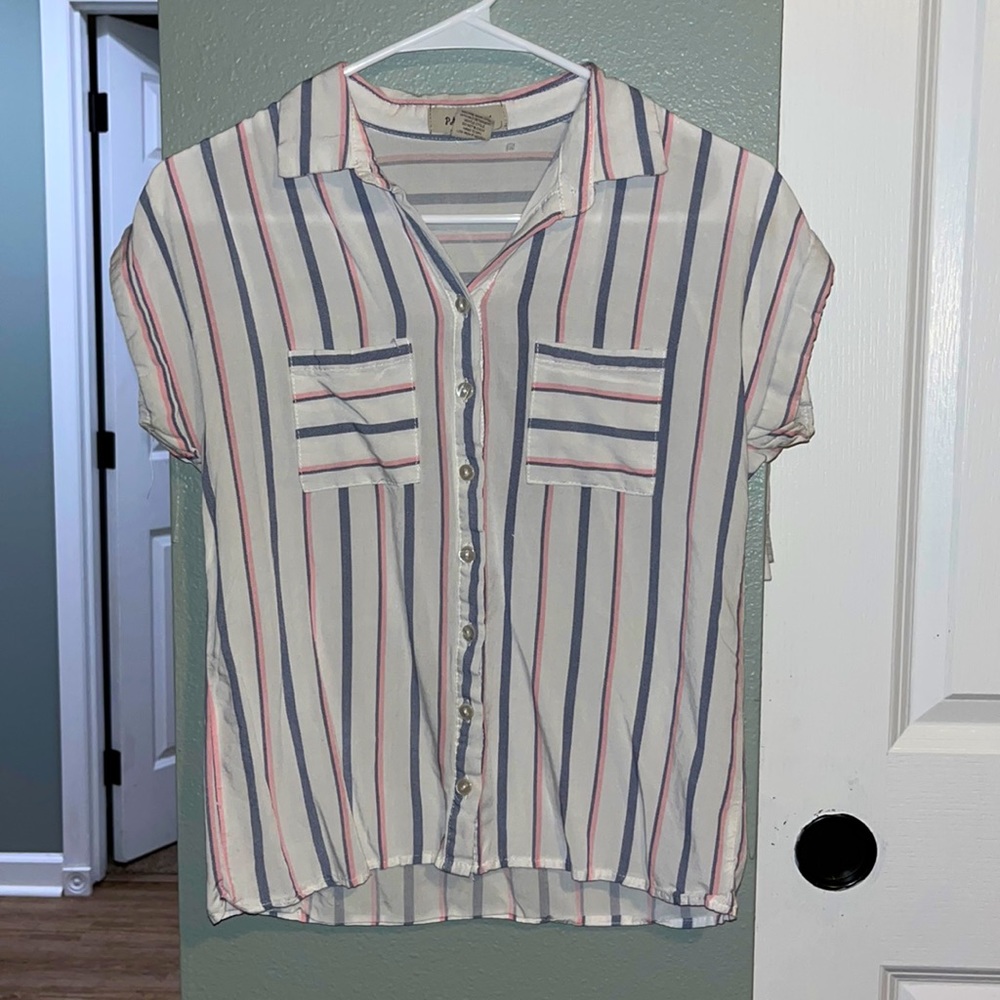 white pink and blue striped button up